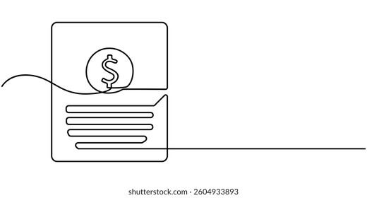 Continuous One Line Drawing Accounting Icons Concept. Single Line Vector Illustration. Finance, Money, Accountant, Analyzing, bill icon for payment transaction with notice continuous one line drawing.