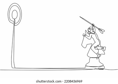 Continuous one line drawing accuracy Arab businessman holding dart arrow and aiming target while riding horse chess piece. Success manager achievement. Single line design vector graphic illustration