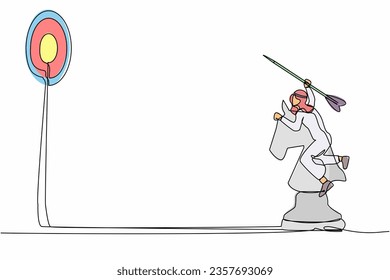 Continuous one line drawing accuracy Arab businessman holding dart arrow and aiming target while riding horse chess piece. Success manager achievement. Single line design vector graphic illustration