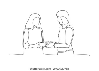 Continuous one line drawing The Act of Giving concept. Doodle vector illustration.
