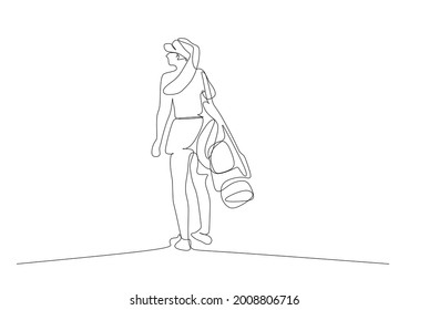 Continuous one line drawing of an active woman carrying a golf stand bag, while walking towards a training area for professional golf. Modern design for golf tournament poster vector illustration	