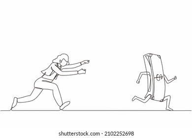 Continuous one line drawing active businesswoman or manager running and chasing after run away money. Concept of money obsession, impatient, greedy. Single line draw design vector graphic illustration