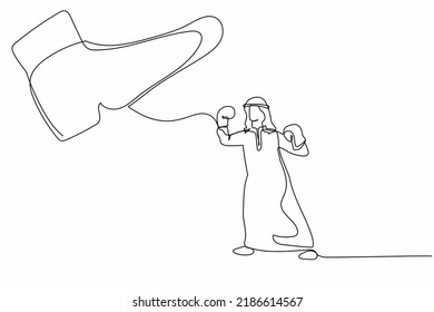 Continuous one line drawing active Arabian businessman punching uppercut under big foot stomp. Male worker against dictatorial boss. Minimalism metaphor. Single line design vector graphic illustration