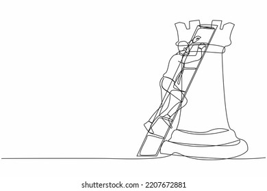 Continuous one line drawing active businessman climb huge rook chess piece with ladder. Company strategy success using powerful move for advantage. Single line draw design vector graphic illustration