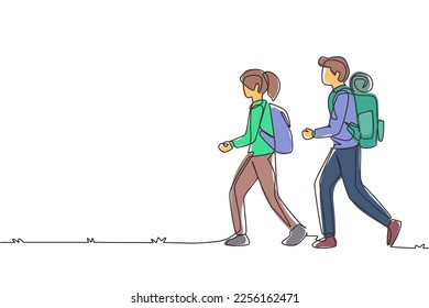 Continuous one line drawing active happy couple traveling together in mountains  Man woman hiking camping and backpack at nature  Trip   holiday concept  Single line draw design vector illustration