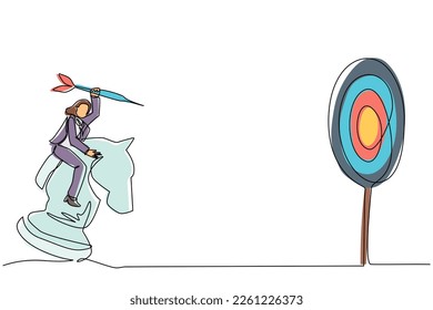 Continuous one line drawing active businesswoman holding a dart arrow while riding chess knight piece, strategic concept. Success business manager. Single line draw design vector graphic illustration