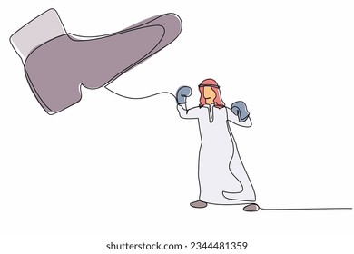 Continuous one line drawing active Arabian businessman punching uppercut under big foot stomp. Male worker against dictatorial boss. Minimalism metaphor. Single line design vector graphic illustration