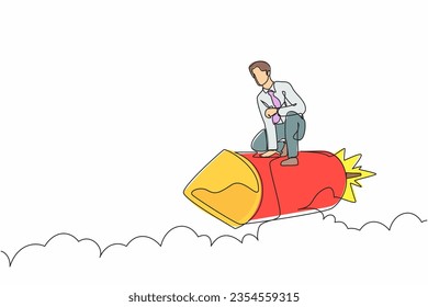 Continuous one line drawing active businessman riding firework rocket through the sky. Ready for launch business innovation and winning competition. Single line draw design vector graphic illustration