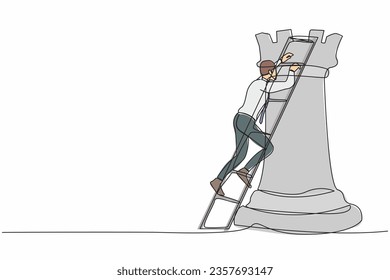 Continuous one line drawing active businessman climb huge rook chess piece with ladder. Company strategy success using powerful move for advantage. Single line draw design vector graphic illustration