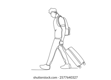 Continuous one line drawing active happy a man who is very tired when he comes home traveling. Trip and holiday concept. Single line draw design vector illustration
