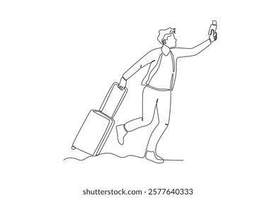 Continuous one line drawing active happy a man who was running to check boarding pass. Trip and holiday concept. Single line draw design vector illustration
