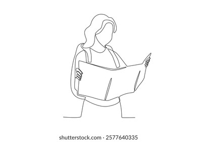 Continuous one line drawing active happy a woman looking at a map of tourist destinations while traveling. Trip and holiday concept. Single line draw design vector illustration
