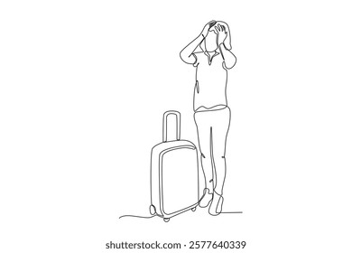 Continuous one line drawing active happy a woman who panics before leaving for traveling. Trip and holiday concept. Single line draw design vector illustration
