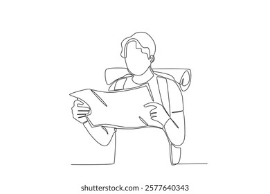 Continuous one line drawing active happy a man looking at a map of tourist destinations while traveling. Trip and holiday concept. Single line draw design vector illustration
