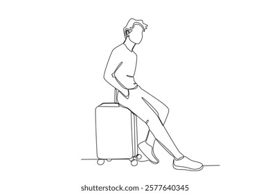 Continuous one line drawing active happy a man who is very posing before going home traveling. Trip and holiday concept. Single line draw design vector illustration
