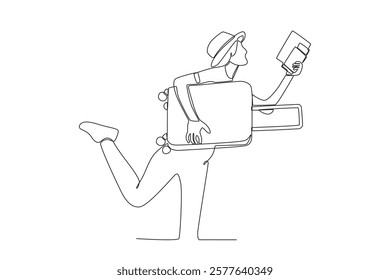 Continuous one line drawing active happy a woman who was almost late checking in boarding pass. Trip and holiday concept. Single line draw design vector illustration
