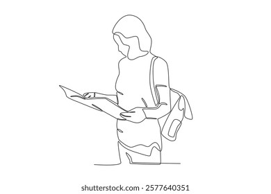 Continuous one line drawing active happy a woman looking at a travel map while traveling. Trip and holiday concept. Single line draw design vector illustration
