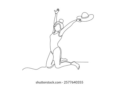 Continuous one line drawing active happy a happy woman vacationing on the beach. Trip and holiday concept. Single line draw design vector illustration
