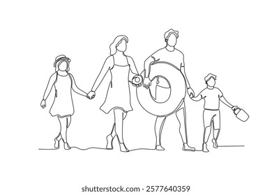 Continuous one line drawing active happy family on vacation at the beach. Trip and holiday concept. Single line draw design vector illustration
