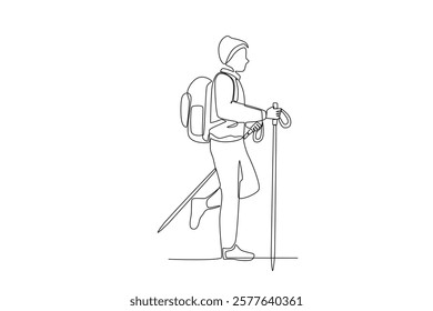 Continuous one line drawing active happy a man who is hiking. Trip and holiday concept. Single line draw design vector illustration
