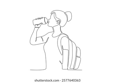 Continuous one line drawing active happy thirsty woman while traveling. Trip and holiday concept. Single line draw design vector illustration