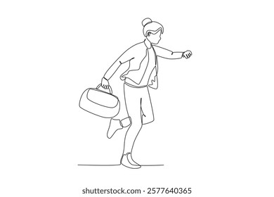 Continuous one line drawing active happy a woman who was running to check boarding pass. Trip and holiday concept. Single line draw design vector illustration
