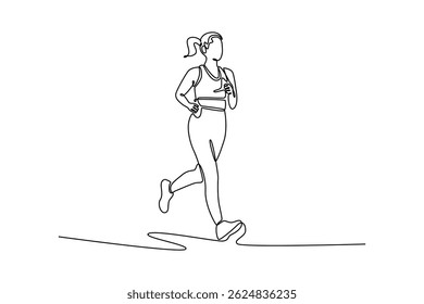 Continuous one line drawing active female runner jog sport marathon. Woman athlete run long distance. Fast run race slow motion. Active fit track. Single line draw design vector graphic illustration