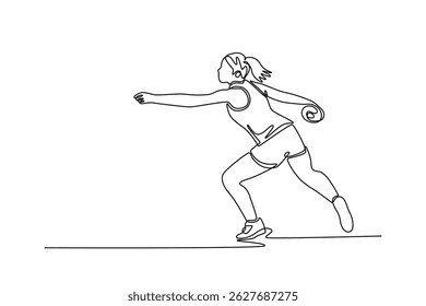 Continuous one line drawing active female athlete throwing wooden disc at sport field stadium. Healthy lifestyle, movement, activity, competition. Single line draw design vector graphic illustration