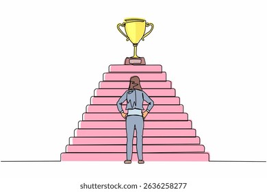 Continuous one line drawing active businesswoman standing in front of staircase with trophy cup on the top. Path to success, goal, business vision. Single line draw design vector graphic illustration