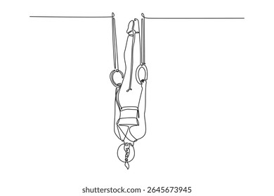Uma linha contínua desenhando atleta ginasta feminina ativa olhando para baixo enquanto faz exercício de estabilidade do núcleo de calistenia com anéis de ginástica no ginásio. Ilustração gráfica vetorial de design de desenho de linha única