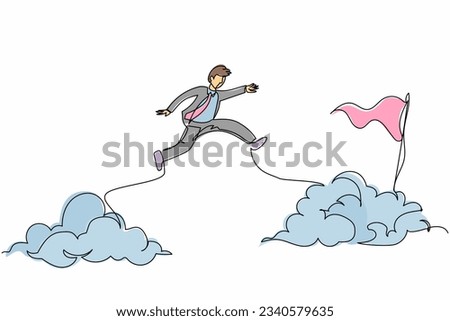 Continuous one line drawing active businessman jump or leap over clouds to reach his success target or flag. Challenge his career path. Taking risk. Single line draw design vector graphic illustration