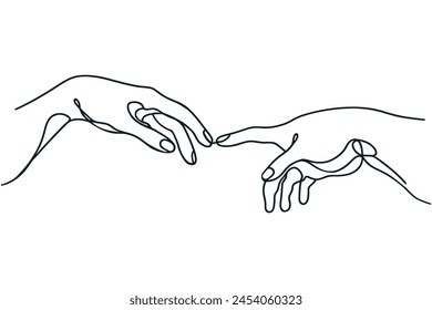 Continuous one line drawing. Adam and God hands. Vector illustration