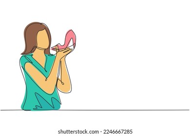 Continuous one line drawing addicted from high heels, young woman kissing her new shoes. Hobby of teenage beautiful girl with her shoe collection. Single line draw design vector graphic illustration