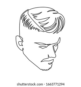 Continuous one line drawing of adult man portrait with beard and mustache. Fashionable men's style vector illustration. Sad guy in profile hand drawn contour sketch clip art.