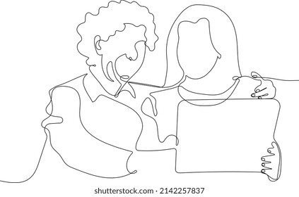 Continuous One Line Drawing Of Adult Daughter Helps To Elderly Mother With Notebook Usage Explains Teaches Older Relative Or Your Design Minimal Outline. Vector Illustration