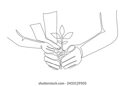 Continuous one line drawing of adult hands and child hands holding young plant for planting, agriculture ecology, cultivating nature conservation concept, single line art
