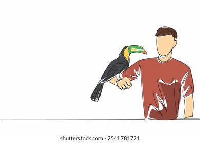 Uma linha contínua desenhando um homem adulto com tucano na mão. Pássaros com bicos grandes e coloridos. Floresta tropical animal. Avião. Dia Nacional dos Amantes de Zoológicos. Ilustração de vetor de design de desenho de linha única