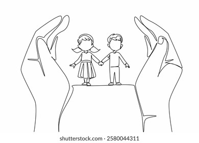 Continuous one line drawing adult hands are bent and a boy and a girl are holding hands in the middle. Symbolism of protecting children. Day of Children. Single line draw design vector illustration