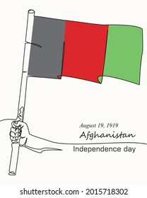 Continuous one Line drawing of Afghanistan flag image - 19 Agustus 1919, Happy Afghanistan Independent Day. Template of greeting card, banner. Vector illustration of waving Afghanistan flag image.
