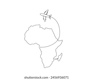 Continuous one line drawing of Afica map with airplane. African map combined with airplane simple outline vector illustration. Editable stroke.