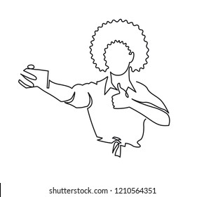 Continuous One Line Drawing of african american woman with afro haircut shows thumb on phone camera. Vector illustration  black girl holding smartphone, making selfie photo
