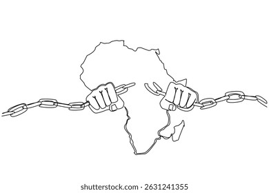 Continuous one line drawing African continent with 2 hands breaks chains in the middle of the continent. The struggle for justice. African Liberation Day. Single line draw design vector illustration