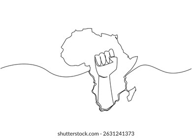 Uma linha contínua desenhando o continente africano com um punho cerrado no meio do continente. Lutando pela unidade. Liberdade. Dia da Libertação Africana. Ilustração de vetor de design de desenho de linha única