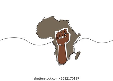 Uma linha contínua desenhando o continente africano com um punho cerrado no meio do continente. Lutando pela unidade. Liberdade. Dia da Libertação Africana. Ilustração de vetor de design de desenho de linha única