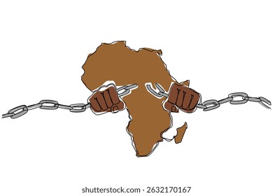 Uma linha contínua desenhando o continente africano com 2 mãos quebra correntes no meio do continente. A luta pela justiça. Dia da Libertação Africana. Ilustração de vetor de design de desenho de linha única