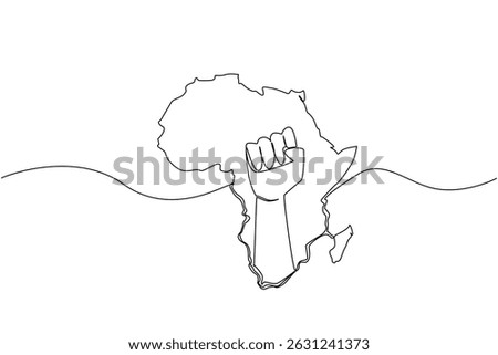 Continuous one line drawing the African continent with a clenched fist in the middle of the continent. Fighting for unity. Freedom. African Liberation Day. Single line draw design vector illustration