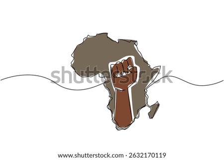 Continuous one line drawing the African continent with a clenched fist in the middle of the continent. Fighting for unity. Freedom. African Liberation Day. Single line draw design vector illustration