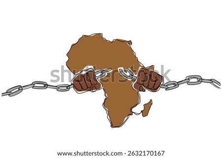 Continuous one line drawing African continent with 2 hands breaks chains in the middle of the continent. The struggle for justice. African Liberation Day. Single line draw design vector illustration