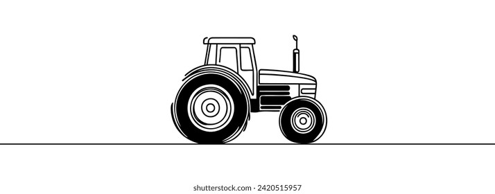 continuous one line drawing of an agricultural utility tractor in silhouette on a white background