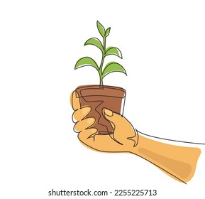 Continuous one line drawing agronomist holding seedlings in peat pots. Female hands touching the plants for planting tree. The spring planting. Single line draw design vector graphic illustration